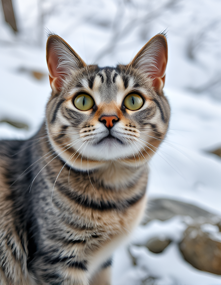 outdoors in the alpine winter, a friendly looking grey tabby cat looks up at the viewer