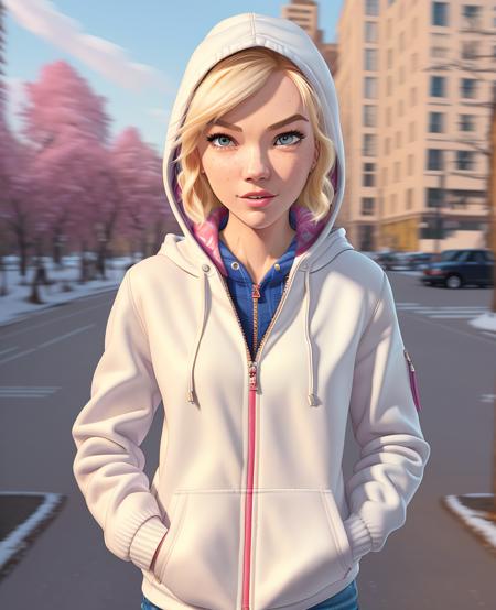 (Gwen Stacy:1.1), ultra-detailed, illustration, high contrast, a woman looking at the viewer, expressive, solo, detailed eyes, hands in pockets, raised eyebrow, (shy smile:0.7), gap teeth, day, (zipper, hood, white hoodie, hood up:1.2), (pink inner hood:0.7), city, sidewalk, winter, detailed background, (waist, jeans, cowboy shot:1.1)