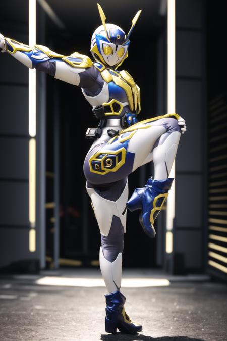 (masterpiece,best quality,4k,8k)kamen rider valkyrie LH, (1girl, solo, mature female,breasts,wide hips,thigh), from side,looking at viewer, standing, leg lift,knee bent,arm across chest,ass,full body, yellow eyes, armor, bodysuit,science fiction, tokusatsu, female focus, kamen rider,rider belt, <lora:kamen_rider_valkyrie_LH-09:0.7>