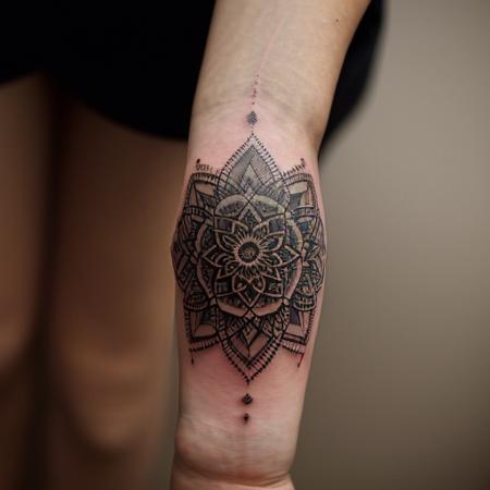 cinematic film still Mandala tattoo design . shallow depth of field, vignette, highly detailed, high budget, bokeh, cinemascope, moody, epic, gorgeous, film grain, grainy
