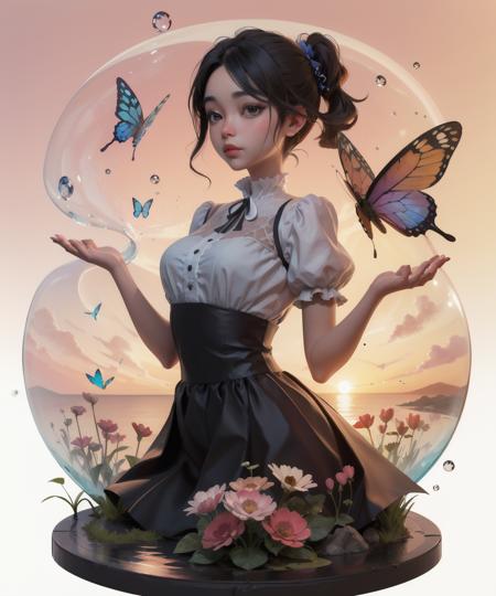 [(white background:1.5),::5](isometric:1.2),bubble,double exposure,
1girl, butterflies, flowers,floating petal, peaceful water,cloud, sunset, garden,
 <lora:GachaSplash4A:1>