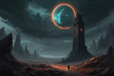 A digital painting depicting a dark and sinister landscape inspired by the Dark Souls and Grimdark aesthetic. A solitary astronaut, standing before a malevolent ancient tower. The tower is etched with mysterious, luminous runes and encircled by floating, ominous rocks. Overhead, the sky churns with oppressive clouds hinting at an approaching storm. The terrain is harsh, strewn with sharp rocks, and permeated with a sense of desolation. The color scheme is dominated by dark grays, deep oranges, and intermittent flashes of teal from the glowing runes. The digital art style should be detailed and atmospheric, with strong contrasts, intricate textures, and a palpable sense of decay and forgotten lore.