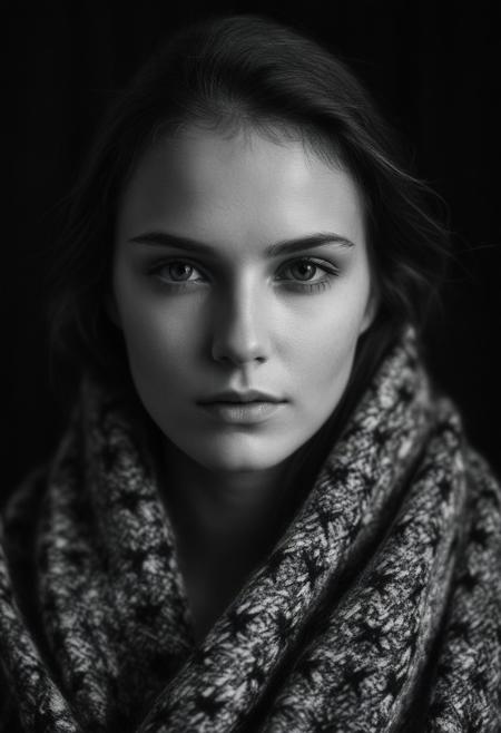 (black and white), portrait, closeup, styled 26 year old slavic super model ,wrapped in cozy woolen blanket,  striking face, strong  eyebrows, (sagging breasts), long brunette hair,  (bokeh), (cinematic), (film grain),  (natural soft body), black photostudio, dark background