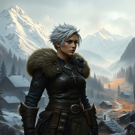 A tall, powerful woman stands at the edge of a rugged northern village, framed by towering snow-capped mountains and dense, ancient forests. Embra Wildsong, her short, spikey white hair blowing in the cold wind, gazes out at the vast world beyond. She wears sturdy leather armour adorned with furs, her sharp eyes reflecting determination. Behind her, the wooden huts and the distant smoke from the great hall fade into the mist. Ahead, a path winds through the wilderness, where the early morning light touches the horizon.
