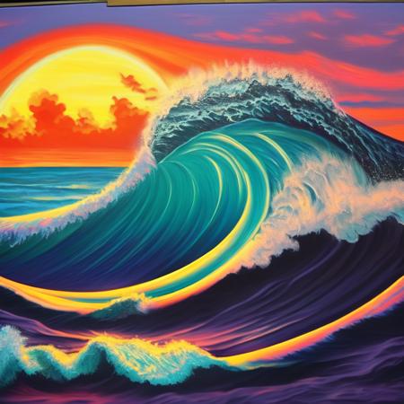 (retrotide style:1) a painting of an ocean wave with a sunset in the background <lora:djzRetroTideV21_LoraBooth:1>