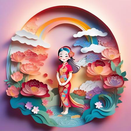 a beautiful little girl with cute face wearing qipao standing in water,chinese style,long hair,rainbow hair,fowers,shining,soft light and shadow,gardenfields,detailed background,no frame,upper body,
paper cuttings art,<lora:paper_cuttings_art:1>,