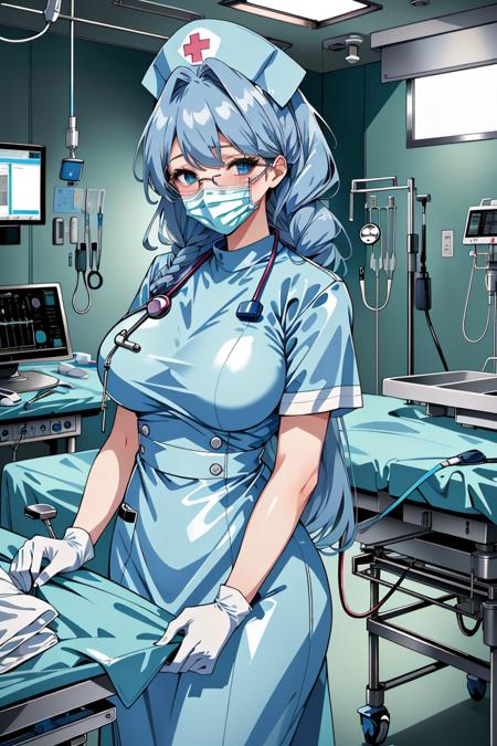 ((masterpiece, best quality,lower_body)), operating table,medical monitors,hospital bed, <lora:Kaname Shinohara:0.7> (kaname shinohara, long hair, blue hair, blue eyes, hair intakes, hair over shoulder, huge breasts, glasses), <lora:surgical_nurse_v1:0.8> (surgical_nurse_v1.0, nurse cap, nurse, latex, stethoscope, latex gloves, surgical mask),