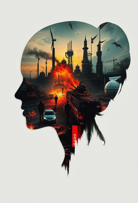 Abstract style dystopian future with elements of an apocalyptic war inside the silhouette of a womans head that is a double exposure photograph . Non-representational, colours and shapes, expression of feelings, imaginative, highly detailed