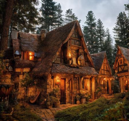 (masterpiece:1.2), (best quality,:1.2), 8k, HDR, ultra detailed, ((photorealistic)), perfect anatomy, professional light, cinematic lighting, fashion photography, ambient lighting,<lora:detail_slider_v4:3>, a small group of medieval fantasy houses surrounded by pine trees, ((perfect hands)), <lora:FantasySettlement-10:1>, epiCPhoto