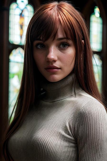 beautiful woman (EPM4d1s0nK4t3:.99), perfect hair with ((full bangs:1.2)), jewellery, ((portrait)), (closeup:1.2), ((from the waist up)), (((  church :1.2 ))), natural skin texture,  ((  Suede skirt and a turtleneck :1.2)), 24mm, 4k textures, soft cinematic light, adobe lightroom, photolab, hdr, intricate, elegant, highly detailed, sharp focus, ((((cinematic look)))), soothing tones, insane details, intricate details, hyperdetailed, low contrast, soft cinematic light, exposure blend, hdr, faded, now, ("I've got a bad feeling about this.":1.1)