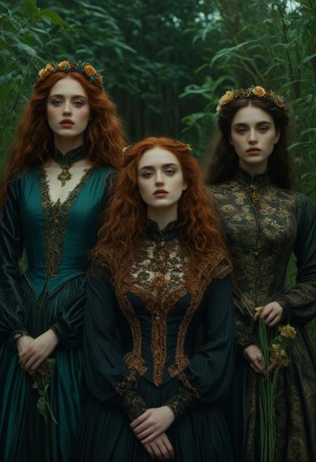 highly cinematic, 3 woman, melancholic and dramatic atmosphere, film scene, wearing absurd clothing, part, inspired by Pre-Raphaelitism