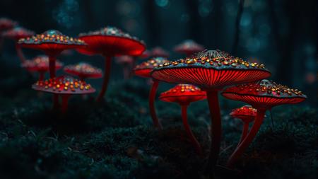 The intricate and venomous fungi dance in the dim and mossy gloom of the woodland. They are crafted from stained glass, shimmering with a vivid gradation of azure-vermilion light. The minuscule specimens can be discerned in the distance. A cinematographic apparatus is positioned near the ground level, rendering the spectacle in all its splendour.
