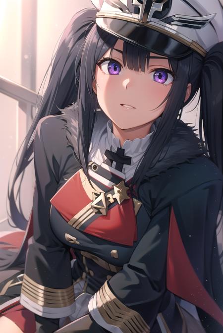 peterstrasser, <lyco:peterstrasser-lyco-nochekaiser:1>,
peter strasser, black hair, hair over one eye, long hair, one eye covered, (purple eyes:1.1), twintails,
BREAK armored boots, black coat, black footwear, black ribbon, boots, buttons, cape, coat, fur trim, fur-trimmed cape, gloves, hat, high heels, military hat, peaked cap, red cape, ribbon, stiletto heels, white gloves, white headwear,,
BREAK looking at viewer,
BREAK indoors,
BREAK <lyco:GoodHands-beta2:1>, (masterpiece:1.2), best quality, high resolution, unity 8k wallpaper, (illustration:0.8), (beautiful detailed eyes:1.6), extremely detailed face, perfect lighting, extremely detailed CG, (perfect hands, perfect anatomy),