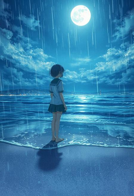 Vertical 9:16 cinematic anime scene, ultra-detailed 4K, in the style of “Weathering with You” key art: a lone girl in a rain-soaked school uniform standing barefoot on a deserted sandy beach; gentle surf laps at her feet under silvery moonlight; distant lights of a harbour city glimmer on the horizon; soft cloud layers receding into depth; drifting feenstaub particles catching every moonbeam; volumetric light shafts through breaks in moving clouds; parallax-ready composition with wet sand patterns in crisp foreground, girl in sharp midground, distant skyline softly blurred; hyper-detailed watercolor cel shading, raindrop gloss, subtle bloom and film grain; dreamy, enchanted atmosphere