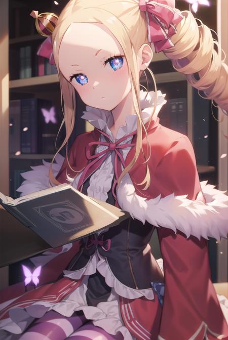 beatrice, blonde hair, blue eyes, (butterfly-shaped pupils:1.5), drill hair, long hair, parted bangs, (forehead:1.5), symbol-shaped pupils, twin drills, sidelocks, bow, capelet, crown, dress, frilled bow, frills, fur trim, fur-trimmed capelet, long dress, long sleeves, mini crown, pantyhose, red capelet, sleeves past wrists, striped, striped pantyhose,