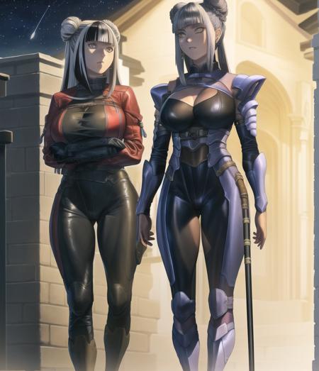 best quality, perfect lighting, shiny skin, homare, incredibly absurdres, concept art, illustration, downpants, looking at viewer, mature female character, 1girl, (aroused and looking afar), gigantic breasts, grey hair and black streaked hair, wispy Bangs, triple bun, white eyes, wearing (fantasy style suneate and suneate:1.1), outdoors and night sky, finely detailed background, amazing background