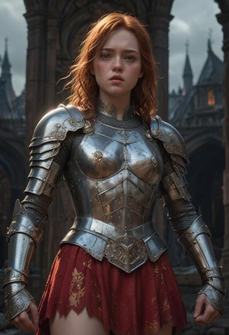 High resolution ultra-realistic of Beautiful Sadie Sink as Warrior Joan of Arc, 8k, capturing the intensity of the moment, cinematic lighting, standing on a bloody and stormy battlefield in bloody battle, wavy black hair, realistic dirty pale face, realistic brown eyes,  beautiful hourglass figure, burning in a medieval Town, intricately designed iron and silver armor, red mini skirt, Dark Ages Aesthetic, perfect athletic figure, beautiful Warrior Joan of Arc, fire, ultra realistic, cinematic style, vigorous and seductive, athletic figure, dark fantasy, dramatic lighting, wet and sweaty skin, dirty skin, athletic figure, dark fantasy, dramatic lighting, Greg Rutkowski style,, Warrior Joan of Arc on in iron armor, hyper-detailed, hyper-realistic, bright colours, Attractive 21 old years girl, Attractive, beautiful firm Breasts, sharp focus, digital painting, Photograph Taken on Nikon D750, Alphonse Mucha, 8K, athletic figure, Hyperdetailed, hyperrealism, Attractive, Attractive bust girl, asymmetric balance