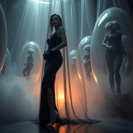 noble norvegian femme fatal lady  posing standing wearing evening GLOSSY THIN black slime live tentacles gown, GLOVES  and high heels,   entrapped in  giant long waving  ultrathin transparent   veils, surrounded by  weird fog from the floor, captured in light beam from celling,  giant slime covered transparent eggs  with encased ladies at background, breeding chamber,  ultrathin waisT, HORROR,  reminiscent of H.R. Giger, Zdzisław Beksinski, and Ash Thorp's dark, sleek styles, with close-up glamour photography, glossy satin and silver heels glistening, fleshy slime dripping, and dark shadows.