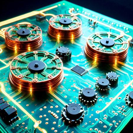 Ancient Greek Antikythera Mechanism as a futuristic holographic circuit board, macro shot, translucent green PCB layers, intricate copper traces, zodiac symbols glowing neon, Tron-inspired riders on hover bikes racing across, vibrant cyan and orange light trails, surface-mount chips, floating gears, ambient cosmic haze, cinematic lighting, shallow depth of field, 8K resolution, ultra-detailed, in the style of I.M. Pei and Frank Lloyd Wright, modernist and geometric architecture, clean lines, organic integration, harmonious structure