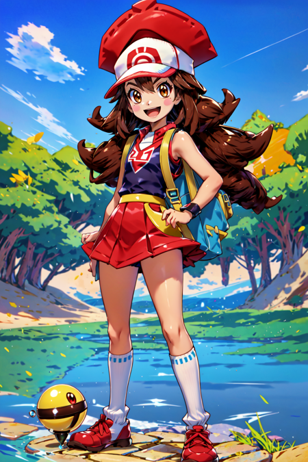 <lora:SuperSmashBrosUltimate:0.8> SmashBros Ultimate Style, 1girl, long hair, smile, open mouth, skirt, brown hair, shirt, hat, holding, brown eyes, standing, :d, pleated skirt, outdoors, sky, shoes, sleeveless, day, socks, water, bag, pokemon (creature), sleeveless shirt, red skirt, white headwear, red headwear, poke ball, poke ball (basic), holding poke ball, loose socks, yellow bag