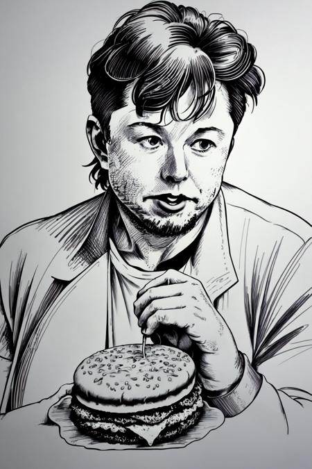 takeON, a portrait of elon musk eating a cheeseburger <lora:takeON:1>