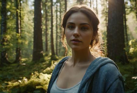 A photorealistic, 8k, HD, cinematic portrayal of a beautiful woman in the forest, crafted with Unreal Engine for epic composition. Utilize ultra-wide angle, deep depth of field, and hyper-detailed visual elements. The scene should be beautifully color-graded, showcasing intricate details and insane clarity. Emphasize editorial photography techniques with a focus on sophisticated depth of field (DOF) and precise white balance. Aim for a 32k super-resolution and rich ProPhoto RGB color space. Include VR-inspired perspectives and halfrear lighting to enhance the natural and moody lighting of the forest. The lighting should be a blend of natural, incandescent, and optical fiber sources, creating a cinematic, volumetric effect with accent lighting and global illumination. Pay special attention to optics, scattering, and glowing effects, with detailed shadows, shimmering rays, and ray tracing reflections. Incorporate chromatic aberration, GB displacement, and scan lines for added depth. Use advanced ray tracing ambient occlusion, anti-aliasing techniques like FKAA, TXAA, RTX, SSAO, and shaders (OpenGL, GLSL) for post-processing. The image should exude a hypermaximalist, elegant, and hyper-realistic vibe, with the woman in a dynamic pose, captured in an 8k resolution,