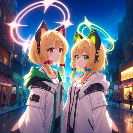 breathtaking,SaibaMomoi, SaibaMidori,red eyes,  green eyes,2girls,cat ear headphones, blonde hair, halo,<lora:ba_4dim:1:lbw=xln2> ,open jacket, white jacket,
standing,city,street, . gorgeous,key visual, vibrant, studio anime,award-winning, professional, highly detailed,high budget, cinemascope