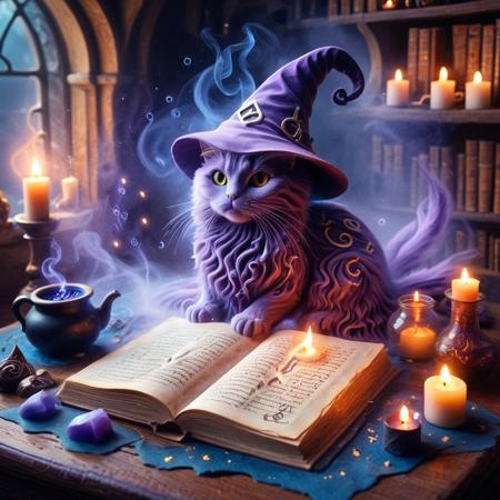 (GrubCat),  (sandswirl), (close-up shot), (cat sitting on a cluttered wizard’s desk), (wearing a slightly oversized wizard hat), (mystical artifacts scattered around), (glowing runes on parchment), (open spellbook with arcane symbols), (floating candles casting eerie light), (bubbling potion in glass flask), (faint magical aura in the air), (mystical blue and purple lighting), (dusty, ancient tomes stacked nearby), (soft shadows and warm candle glow), (smoke swirling from a tiny cauldron), (enchanted atmosphere), (whimsical, magical setting).