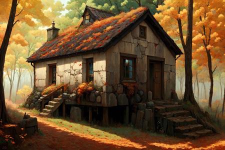 a ruined cottage in the forest, autumn colors, thick brush strokes, (no humans:1.9), <lora:StarkJourney:1.0>