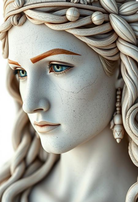 close up shot, side view of Athena Pallas the ancient greek Goddess, masterpiece, best quality, high quality, hyper detailed, high res, intricate detail, HDR, 8k, sharp focus, detailed background, realistic eyes, detailed skin texture, realistic, white background
