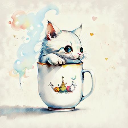 circular design, logo art, t-shirt art, (a cute adorable kawaii kitten in teacup:1), fantasy, colorful, vintage,  charming; white background, lowbrow art, concept design by Wes Anderson, vladstudio, Austin Osman Spare, Roberto Ferri, and Luis Ricardo Falero; digital illustration, radiant; gouache, 16k, minimalistic, doodle, CGSociety, solarpunk, crispy quality, sharp, bright, volumetric lighting, intricate, ample negative white space, as a logo,  <lora:LilYunicorn2-06:0.8>  as a t-shirt logo in the style of <magifactory> art,  vladstudio , <lora:Watercolor-07:1>