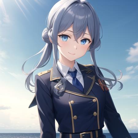 ((masterpiece)),(best quality),official art,extremely detailed CG,unity 8k wallpaper,ultra detailed,A lighthouse on a cliff by the sea,1girl,solo,upper body,(portrait:1.2),half_gloves,mole_under_eye,blue_hair,long_hair,military_uniform,blue_eyes,white_gloves,single_hair_bun,blue_skirt,blue_sailor_collar,black_necktie,collared_shirt,medium breasts,long_sleeves,hair_between_eyes,thigh_strap,rudder_footwear,looking_at_viewer,smile,black_neckerchief,blue_thighhighs,belt,<lora:Gotland(kan)>,