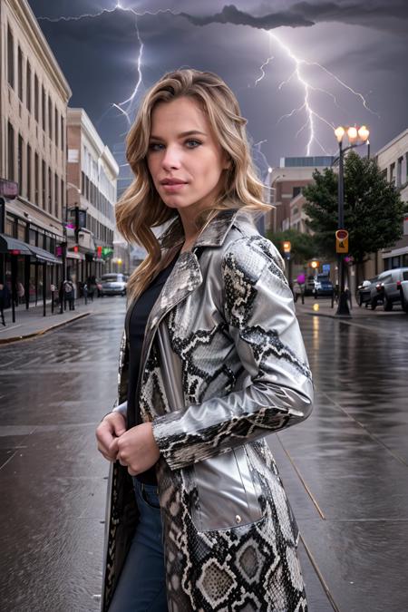 photograph,  realistic, stock photo, A photo of an attractive (downtown:1.2), wearing a (snakeskin-coat:1.2), (thunderstorm:1.3), (8k, RAW photo, best quality, ultra high res, photorealistic, masterpiece, ultra-detailed, Unreal Engine), < <lora:quiron_JillianJanson_v2_Lora:0.77> JillianJansonQuiron,  blond hair,