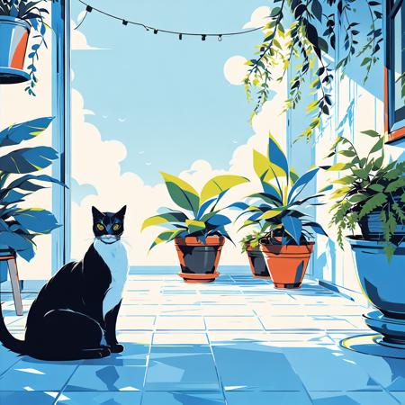 chahua, plant, no humans, cat, potted plant, animal focus, looking at viewer, chair, black cat, table, yellow eyes, indoors, tile floor, shadow, day, tiles, animal<lora:chahua_v1:1>