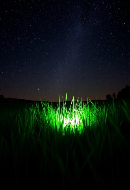 a meadow by starry night with a fluorescent green light emerging from grass in the middle