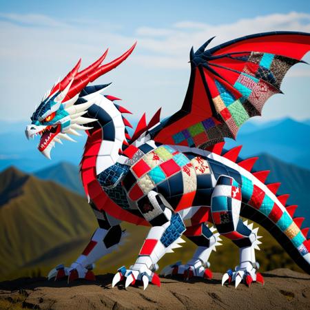 ptchkrawk, codeandigital, c0dean0igital, cyberw0rlds, no humans, dragon made of patchwork fabric, mountain background, wings made of patchwork fabric, claws, solo, open mouth, tail, red eyes, sharp teeth, teeth, monster, robot, full body, non-humanoid robot, horns, mecha, flying, tongue, from side, creature, fangs, science fiction, glowing, spikes, red eyes, plastic scales, red gem, looking at viewer, armor made of patchwork fabric, Tokio background, Tokio, mountain