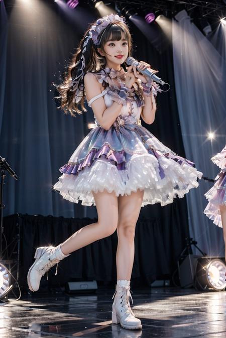 realistic, photorealistic, masterpiece, best quality, idol_costume, white knee boots, 1girl, solo, smile, idol, full body, looking at viewer, long black hair, standing on stage, stage lighting, stage spotlight, detailed background, singing, holding microphone, audience, <lora:Cute Asian Face:0.6>, <lora:idol_costume_style2_v2:0.7>