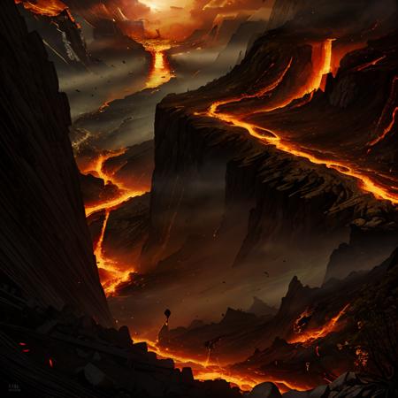 (masterpiece:1.2), (best quality,:1.2), 8k, HDR, ultra detailed, ((photorealistic)), professional light, cinematic lighting, fashion photography, ambient lighting, atmospheric effects, a cliff over a landscape of fire, <lora:RealmsOfFire-10:1>, epiCPhoto