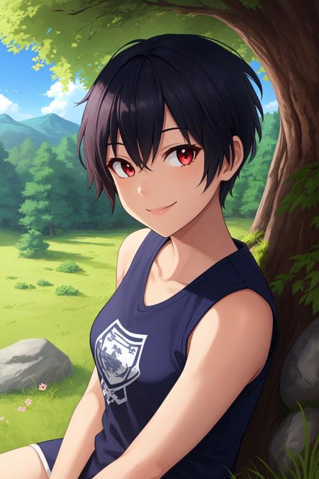 1girl, solo, (tomboy:1.2), (upper body:1.2), (sitting under tree:1.2), under tree,
black hair, (short hair, long sidelocks:1.2),
red eyes, looking at viewer,
smile,
medium breasts,
white t-shirt, sleeveless,
outdoors, forest, nature, grass, tall grass, detailed grass, rocks, flowers, plants,
<lora:Tomboy:1>  