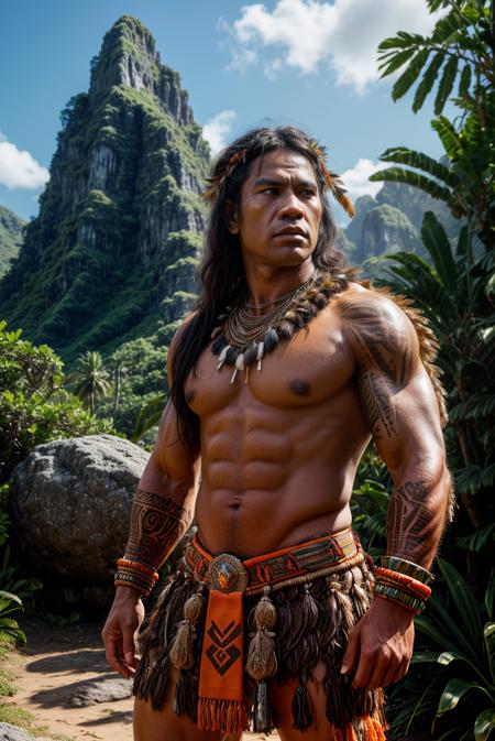 (masterpiece, best quality, high quality, highres, ultra-detailed), solo, upper body, looking at viewer, detailed background, detailed face, (tribal polynesian theme:1.1) feral jungle warrior, orange tribal clothing, feathers, defensive stance, stone knife, bushes, rocks, fronds, vines, mysterious, village in background, wildlife in background, sunshine, cinematic atmosphere