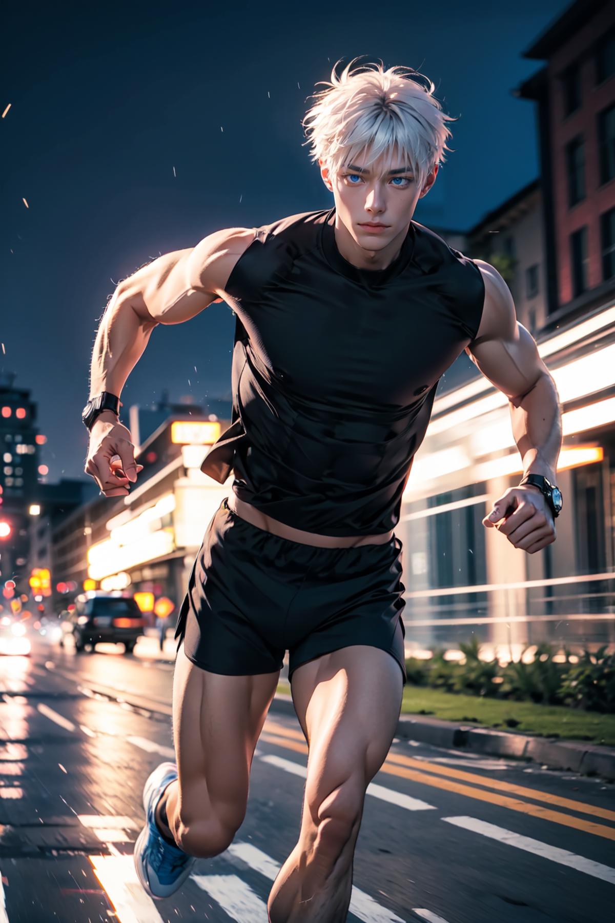 A man running on the street at night wearing black shorts and a black shirt.