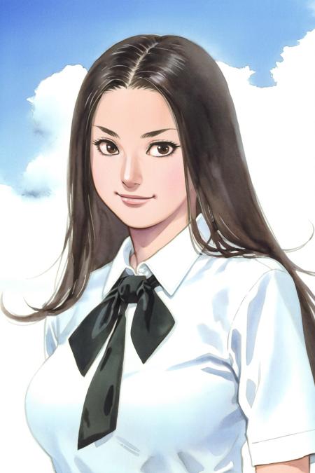 highlight on eyes，
takehiko style, 1girl, solo, long hair, shirt, looking at viewer, white shirt, collared shirt, black eyes, smile, bow, black bow, closed mouth, portrait, brown hair, black hair, straight-on, bowtie, black bowtie, upper body, cloud, sky,huge breasts,shiny,shiny skin,milf,