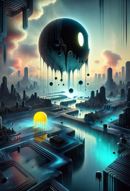DonM5h4d0wM317XL, In a whimsically haunting scene, a digital giant Pac-Man materializes in a tilt-shift photograph. The main subject is a translucent figure with glitching pixels, floating above a miniature cityscape. The image, a digital painting, captures Pac-Man in vivid detail - ethereal wisps of code swirling around its form, glowing eyes reflecting bits of data. The high quality of the image allows for intricate details of Pac-Man's pixelated essence to shine through, creating a truly mesmerizing and otherworldly visual experience. (Masterpiece:1.2), 8K, perfect symmetry, UHD, ultra resolution, best quality, best details, best artist, sharp edges, detailed textures, full view, atmospheric lighting, visually stunning, perfect composition, trending on behance