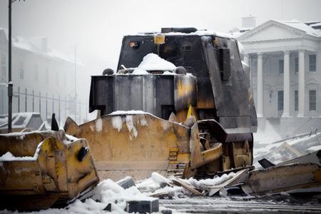 analog gloomy photo of a bulldozer with yellow blade,  <lora:k1lld0z3r:1>, ((at night)), demolished buildings in the background, white house, washington DC, (winter), (snow), (horror movie), ((nighttime)), (midnight), dark decayed city, ruins, High Detail, Sharp focus, (photorealism), realistic, best quality, 8k, award winning, dramatic lighting, epic, cinematic, masterpiece, rim light, ambient fog:1.4,