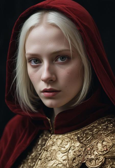 (Soft Lighting Photography by Mimoza Veliu and Mario Giacomelli:1.2), beautiful girl wearing a  medieval golden armour and a red velvet cape(woman like [Ava Lavinia Gardner:russian girl:0.6]), side soft light, Dark environment, black over black, highly detailed, detailed realistic photography, Stunning full body photo, albino hair, perfect eyes, detailed skin, (lightest freckles:0.9), standing in a casual pose, professional color grading, epiCPhoto