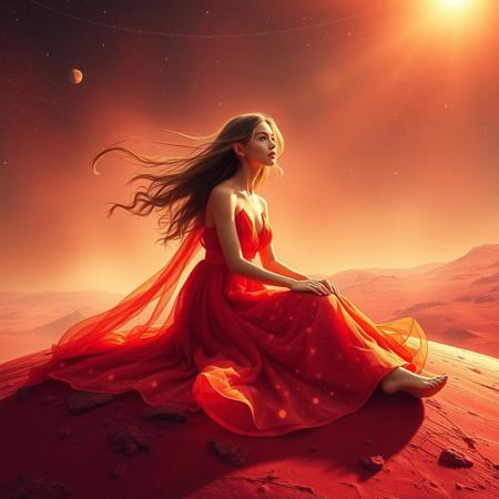 "A celestial girl embodying the fiery and passionate energy of Mars, sitting gracefully on the red surface of planet Mars. Her aura radiates warmth, strength, and confidence, yet her eyes shine with deep kindness and romantic charm. She wears a flowing, cosmic-red dress that blends with the Martian landscape, glowing softly under the distant sunlight. The winds of Mars gently move her hair as she gazes at the sky, filled with cosmic wonders. The atmosphere is mystical, with a dreamy, ethereal glow surrounding her, symbolizing her deep connection to astrology and the universe. A perfect balance of power, love, and cosmic beauty."