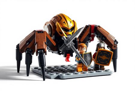 Painterly depiction in the style of Raphael and infused with the complex visual depth reminiscent of Houdini renderings. A dramatic scene featuring a brown and black Lego spider robot with a prominent gold helmet, its eight-legged form poised for action on a gray baseplate. It holds a sword and shield, joined by two Lego minifigures, one with a sword, one with a shield, their small plastic figures imbued with character and intensity. The background is a striking, perhaps subtly textured or dramatically lit white. The image employs sharp lines and brush strokes, stunning and harmonious colors, multi-colored accents. Grammer Effect Style applied for a unique visual texture. Beautiful detailed eyes on the minifigures. Impeccable composition, beautiful matte painting finish. High-res, 4K, Exceptional Quality, More Detail, Super Detailed Face and Eyes and Clothes, Handcrafted with Precision, High Quality, Balanced Editing.