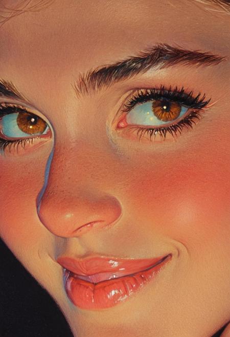 [by ((((Pascale Campion)) and Ilya Kuvshinov) and Yuumei): (high detail raw amateur photograph, skin pores, realistic skin detail, , sultry smile,):0.65], 18 year old female Olympian, viewed from an angle, face and breast focus, sultry smirk, [perfect eyes: perfect ( brown :1.20) eyes:0.99], (shadow and sunlight from outside:0.60)
<lora:novuschroma pastels on black 2:0.35> <lora:Hyperdetailed Colored Pencil v2:0.25> <lora:EnvyStudioPortraitXL01:0.25>