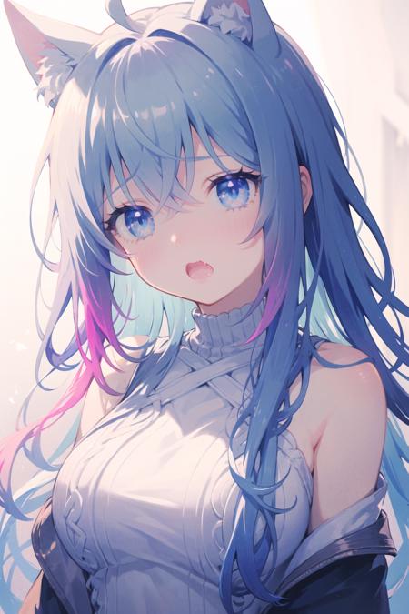 masterpiece, (((best quality))), ((ultra-detailed)), ((illustration)), 
1girl, solo, cat ears, multicolored hair, ((gradient hair), white+(blue)+(pink:0.5) hair//), very long hair, messy hair, bangs, ahoge, ((gradient eyes), pink+light_blue eyes//), slit pupils, glowing eyes, 1fang, 
:o, 
white sweater, 
<lora:Masheng-000002:1>