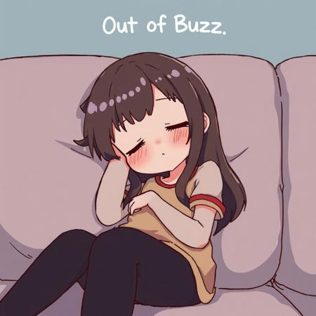 Anime girl, cute, asleep on a sofa, text above her reads "Out of Buzz"